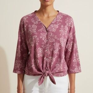 Bobeau XL Mauve Floral Waffle Knit Top Button Front Tie Hem 3/4 Sleeve